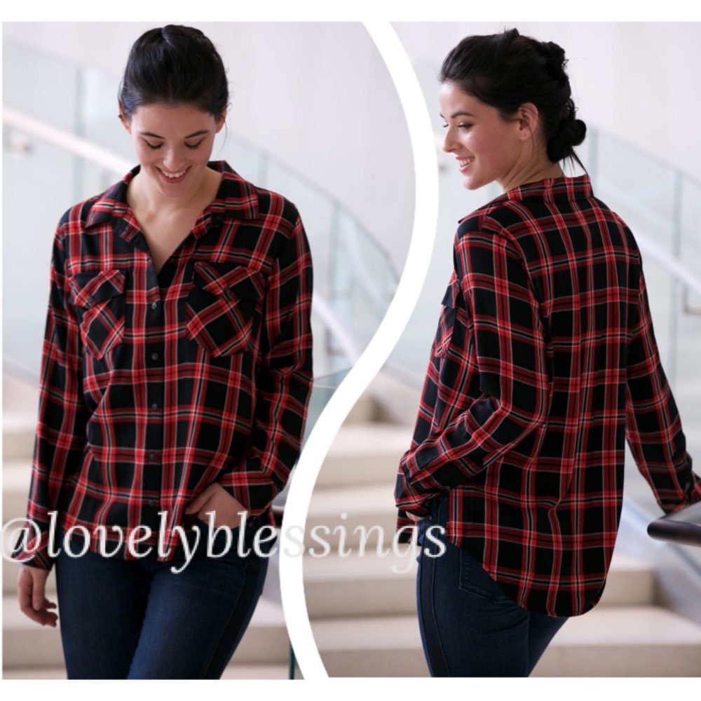 Flannel Shirt Button Front Buffalo Plaid Tartan Plaid Womens Size Large